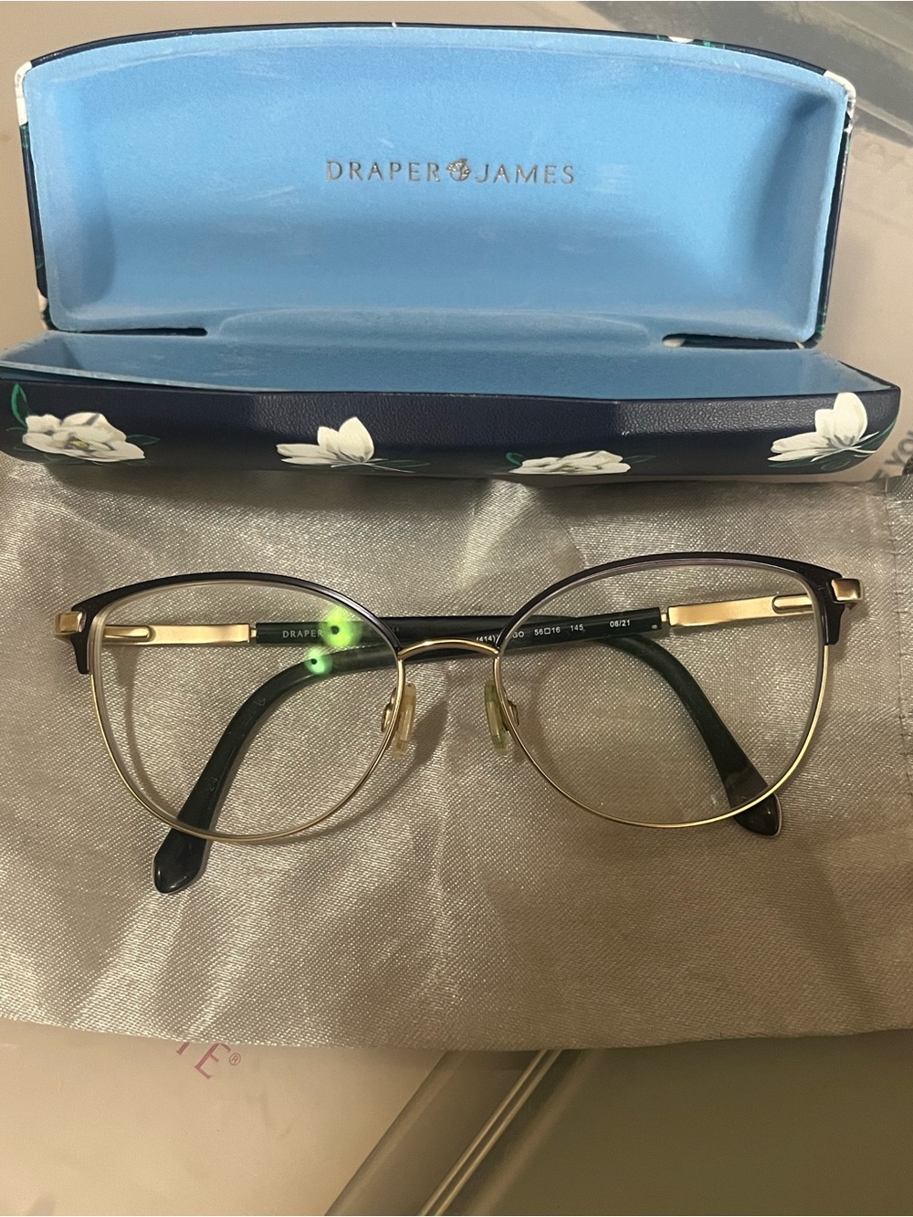 Draper James Gold & Blue Metal Frame Eyeglasses with matching case